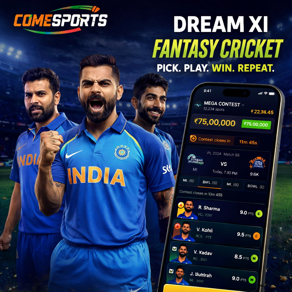 Come Cricket Game fantasy cricket and India team visual