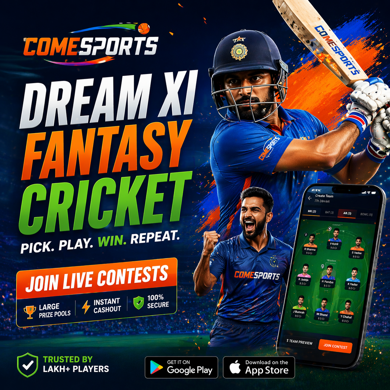 Come Cricket Game fantasy sports main visual
